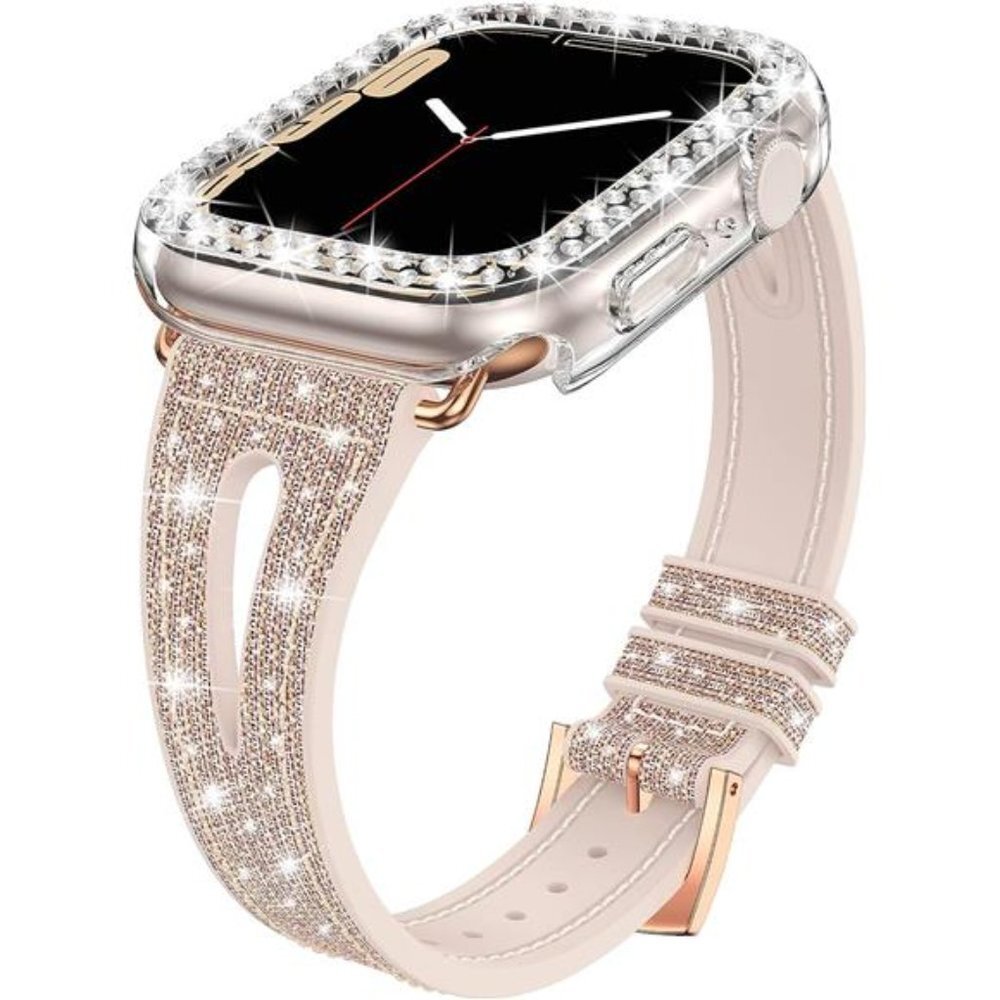 NEW Pink/Gold Rhinestone Apple Watch Band + Protector Case